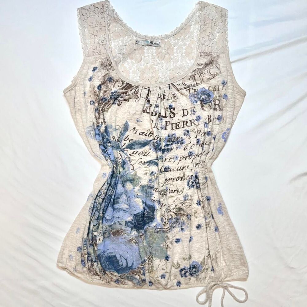 Vintage Maurices Watercolor Blue Floral French Script Mesh Lace Tank Top Y2K